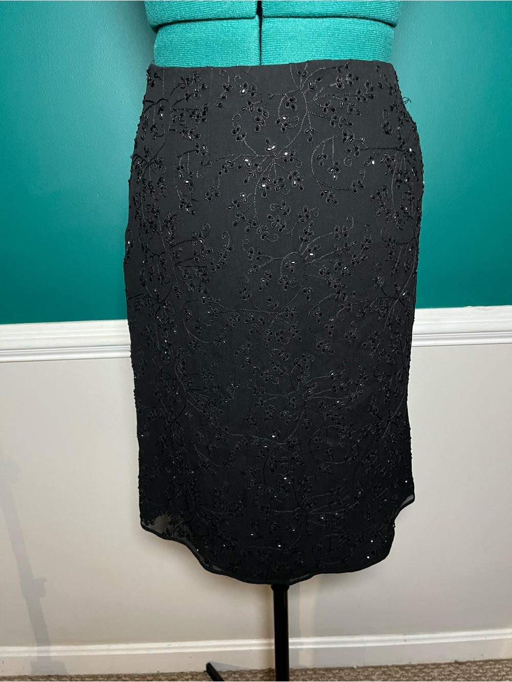 Vintage Black Beaded Pencil Skirt - Women's Elegant Evening Wear
